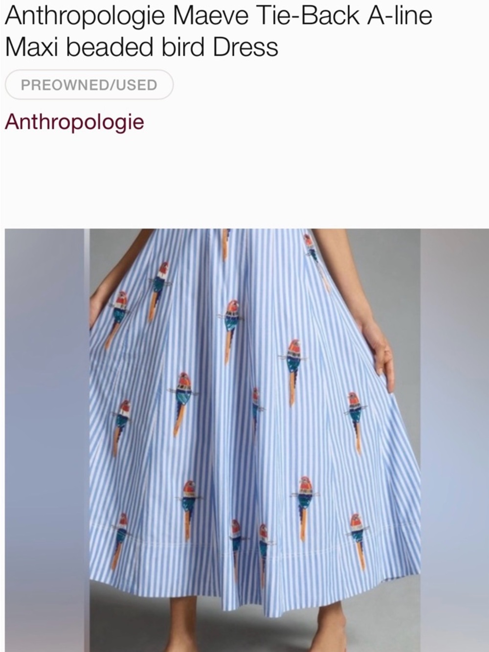 Anthropologie Light Blue & White Striped Parrot-Embroidered Maxi Dress - Picture 3 of 9